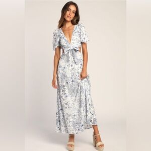 Lulus “Stroll the Avenues White Floral Print Tie-Front Maxi Dress”